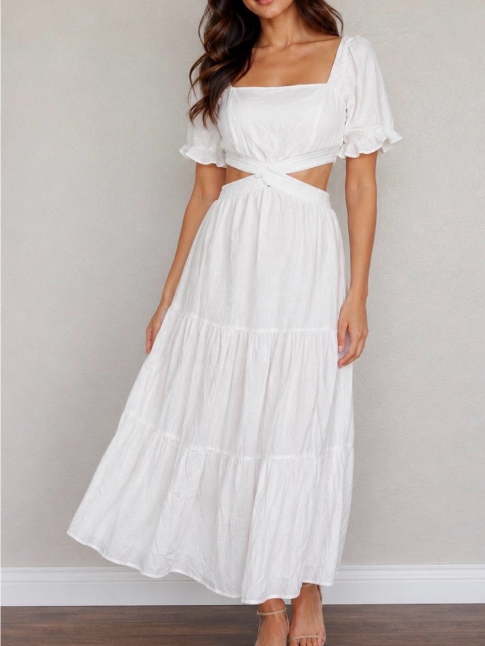 Elegant White Square-Neck Maxi Dress with Smocked Cross Waist, Small